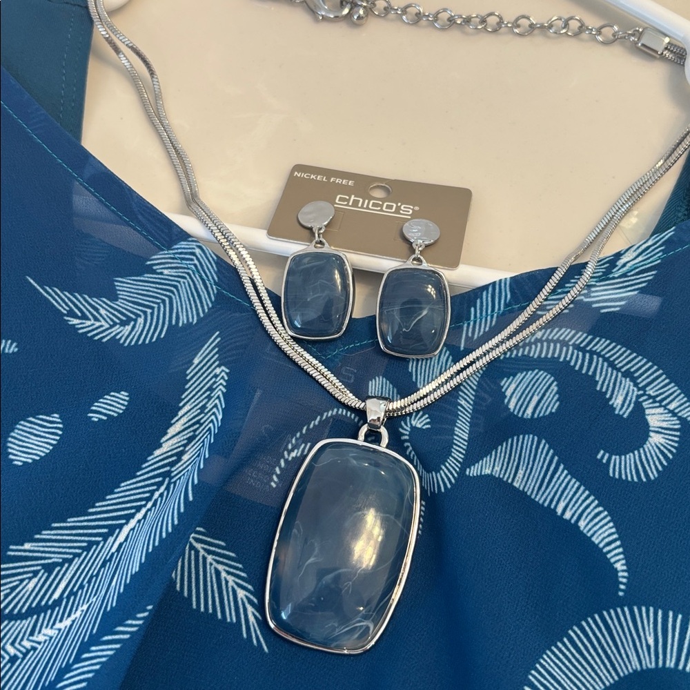 Chico's Teal Blue Pendant Necklace and Earrings Set